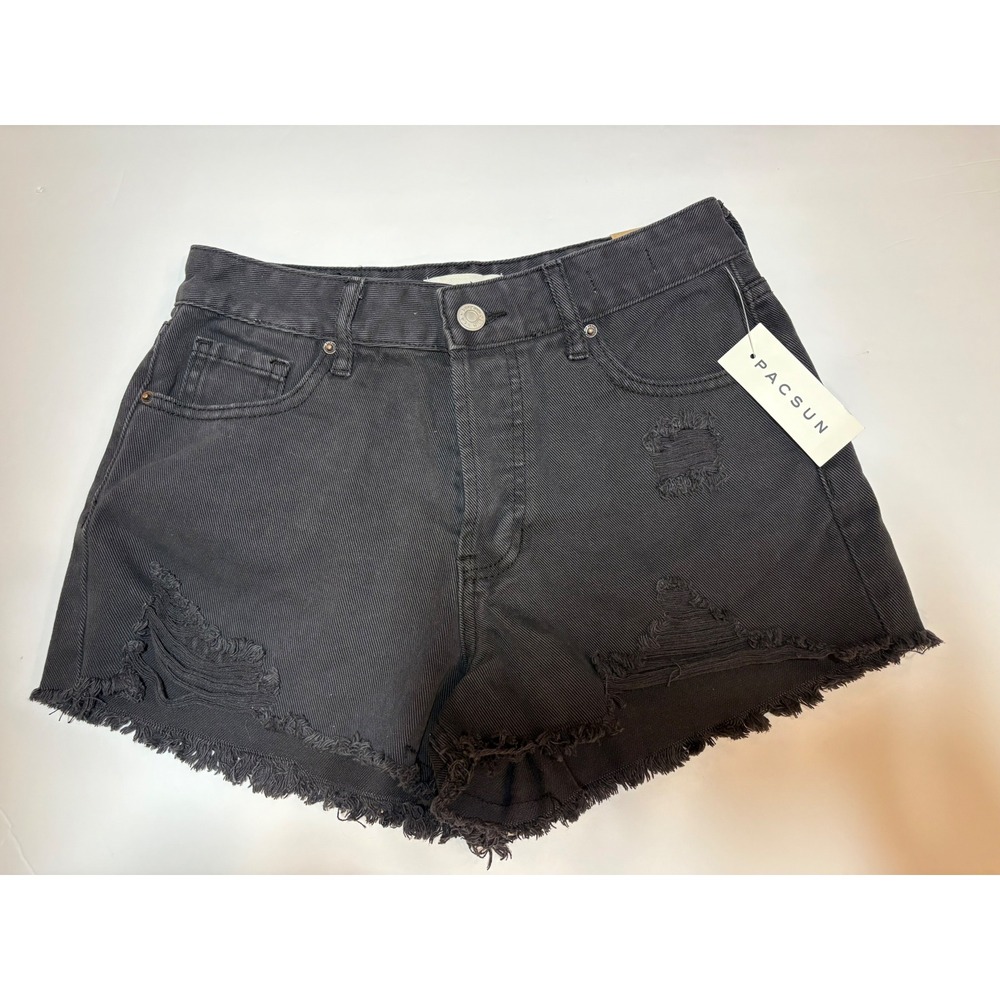 PacSun NWT HR Festival Denim Shorts Black Distressed Raw Hem Size 24" Waist